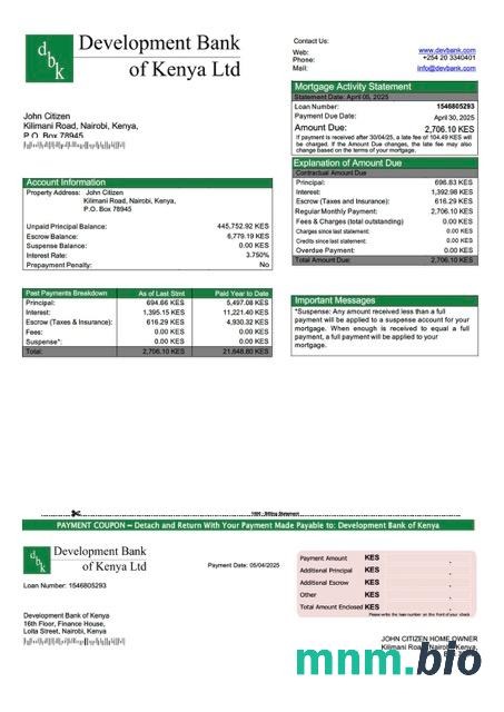 Kenia Bank Rozwoju Kenii wyciąg z kredytu hipotecznego szablon Word i PDF